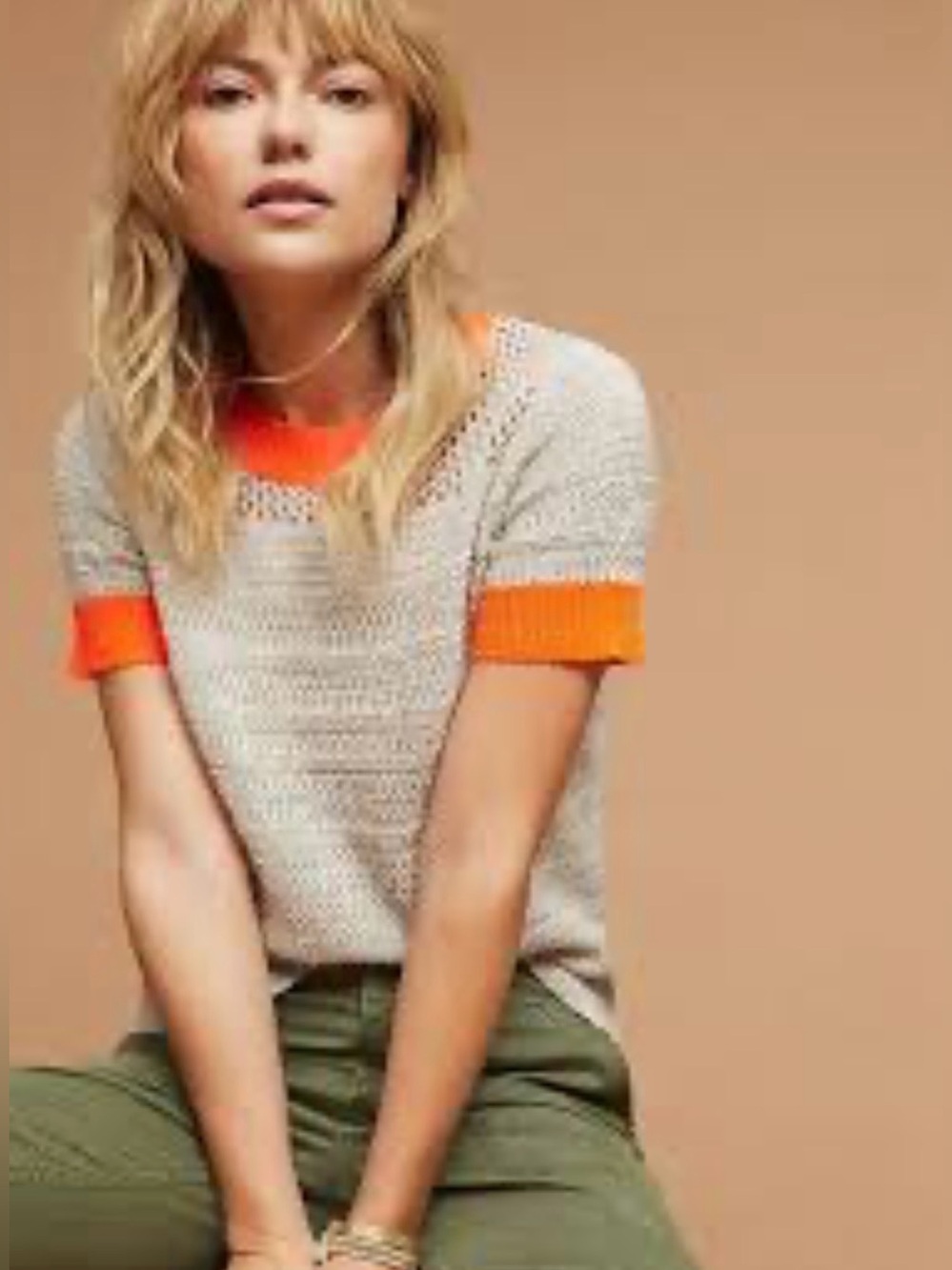 Anthropologie |Open Knit |Short Sleeve |Sweater |with Neon Orange Trim|Size Smal